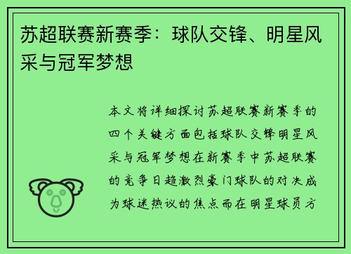 苏超联赛新赛季：球队交锋、明星风采与冠军梦想