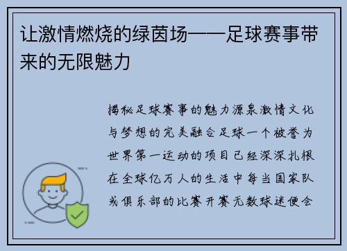 让激情燃烧的绿茵场——足球赛事带来的无限魅力