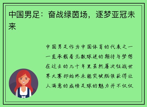 中国男足：奋战绿茵场，逐梦亚冠未来
