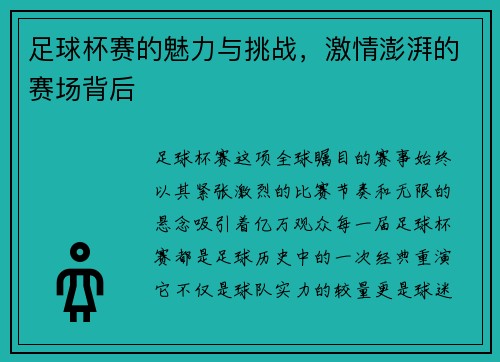 足球杯赛的魅力与挑战，激情澎湃的赛场背后